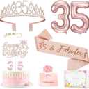 35th Birthday Decorations Gifts for Women, Including 35 year old Birthday Cake Topper, Queen Sash with Pearl Pin, Sweet Rhinestone Tiara Crown, Number Candles and Balloons Set, Rose Gold