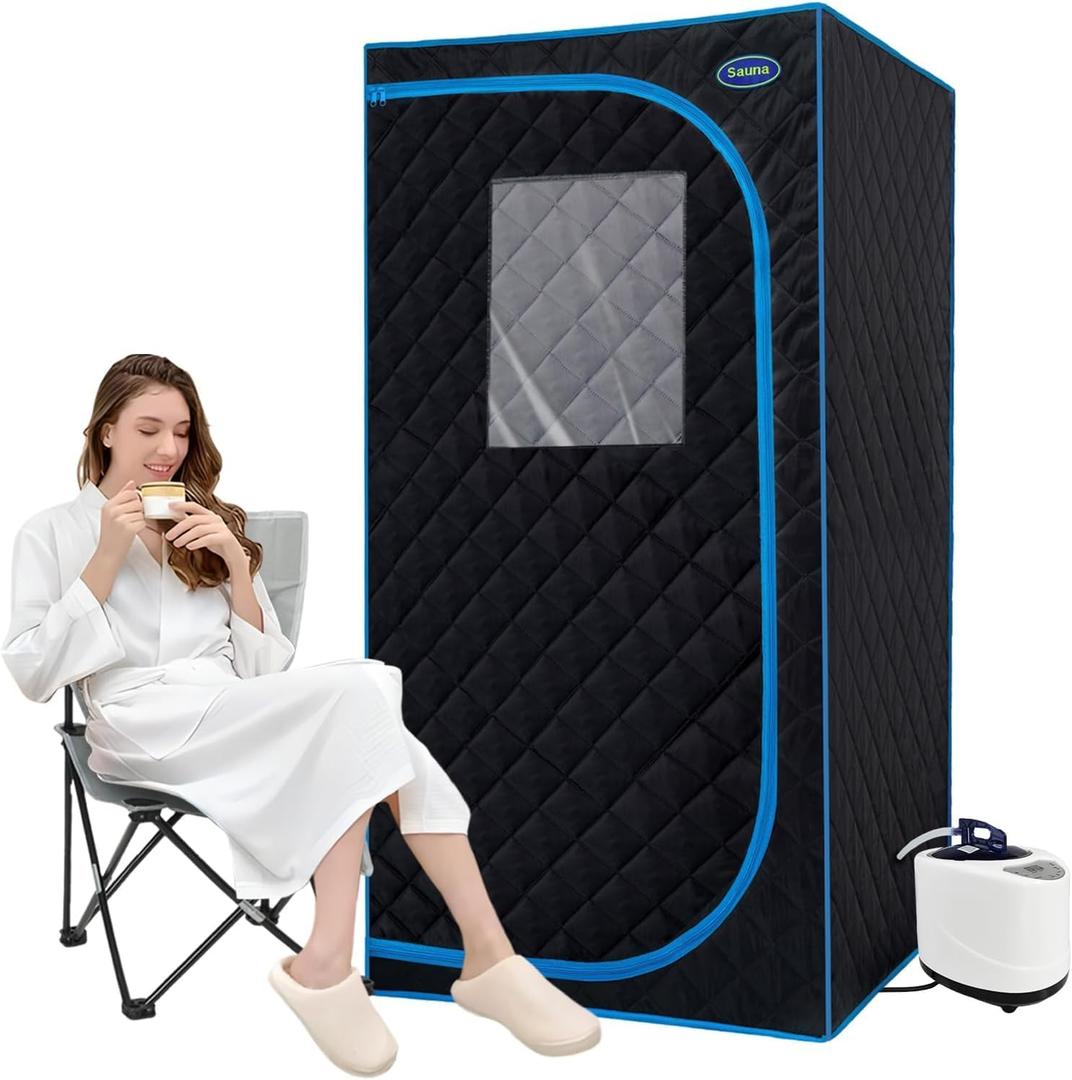 Portable Steam Sauna Tent Full Size, Oversized Personal Sauna Kit for Home Spa, Lightweight Sauna Box with Steamer, Time & Temperature Remote Control, Foldable Chair, 32'' x 32'' x 63'' (Black)