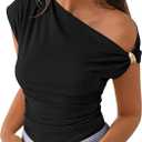PRETTYGARDEN Womens Summer Off The Shoulder Crop Tops Ribbed Going Out Fitting T Shirts Trendy Spring Y2k Clothes 2026 (Small, Black)