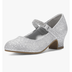 K KomForme Mary Jane Shoes with Low Heel Rhinestones Princess Flats Dress Pump Shoes for Little Kid/Big Kid Silver 3