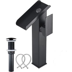 Black Vessel Faucet Open Waterfall Spout Bathroom Single Hole Right Handle Matching Pop Up Drain Stopper No Overflow Bowl Sink Tall Lavatory Vanity RV Basin Tap Deck Mount Bath Faucets Supply Lines