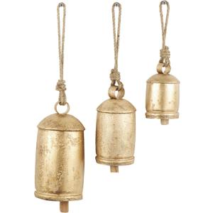 Deco 79 Gold Metal Tibetan Inspired Decorative Giant XL Cow Bells with Jute Hanging Rope, Set of 3 10",8",6"H - Cylindrical