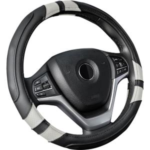 Achiou Gray Car Steering Wheel Cover Universal 15 inch with Grip Contours, Leather Auto for Men and Women Non-Slip Breathable Soft and Comfortable