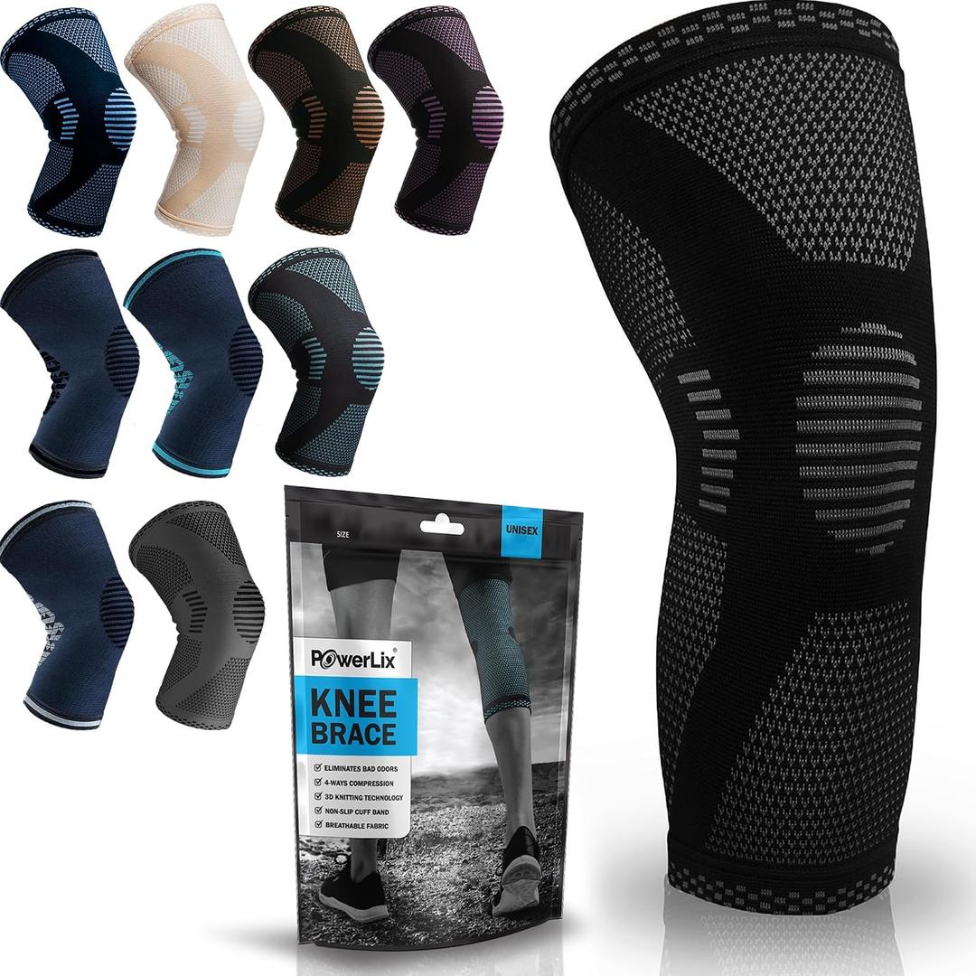 POWERLIX Knee Compression Sleeve - Best Knee Brace for Men & Women Knee Support for Running, Basketball, Weightlifting, Gym, Workout, Sports, (Black, Large) (Black, L)