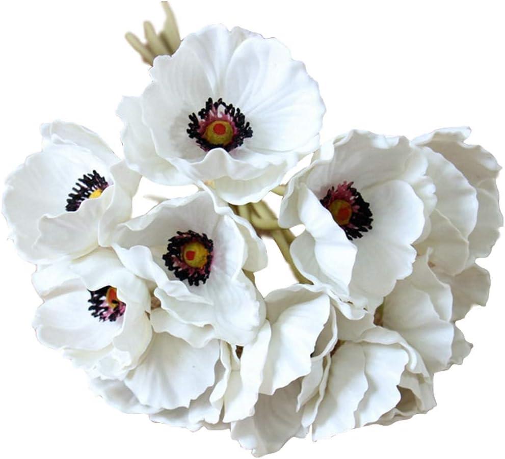 10 Stems Artificial Poppies Real Touch PU Fake Latex Flowers for Wedding Holiday Bridal Bouquet Home Party Decor (White)