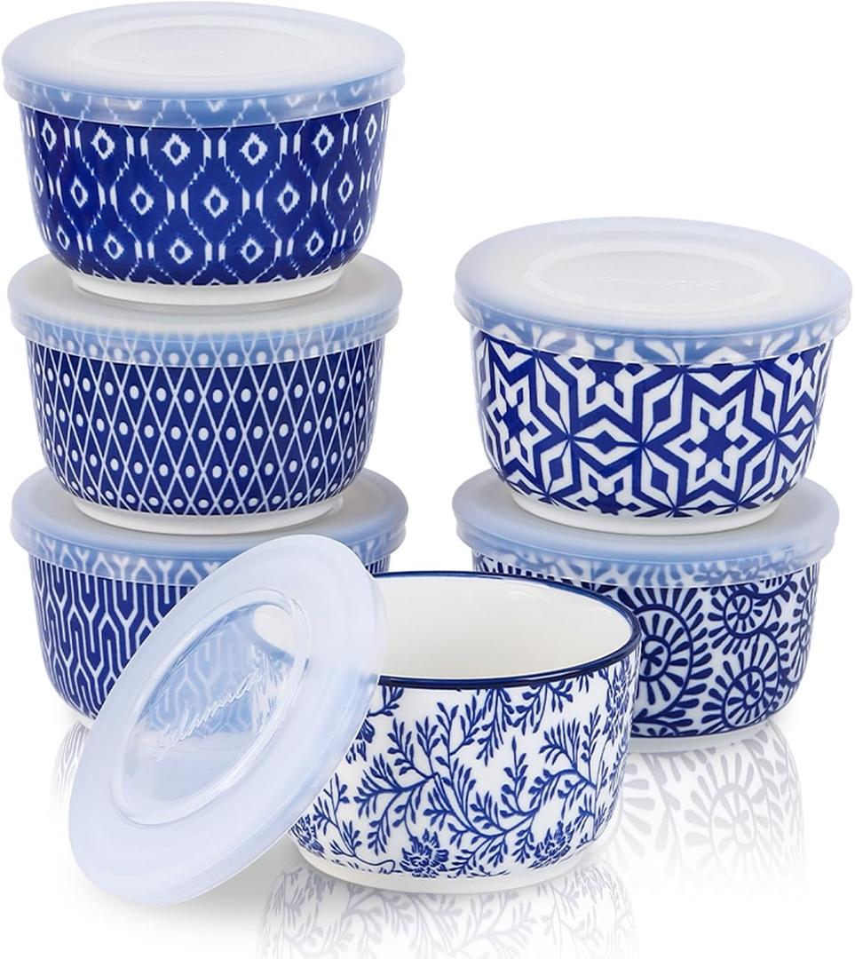 Selamica Ramekins with Lids, 8 oz Oven Safe Creme Brulee Ramekins with Covers, Souffle Dishes Pudding Custard Cups, Stackable Ceramic Small Ramekin Bowls Set for Baking, Dipping, Ice Cream, Set of 6, Vintage Blue