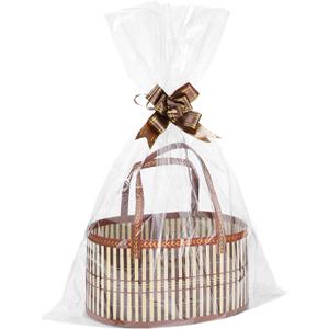 6 Set Easter Bamboo Baskets for Gifts Empty - 6"x7.5"x11.4" Large Easy to Setup Sturdy Gift Wrapping Basket with 2 Clear Bags and Bows, for Graduation, Mother's Day, Baby Shower, Housewarming, Brown