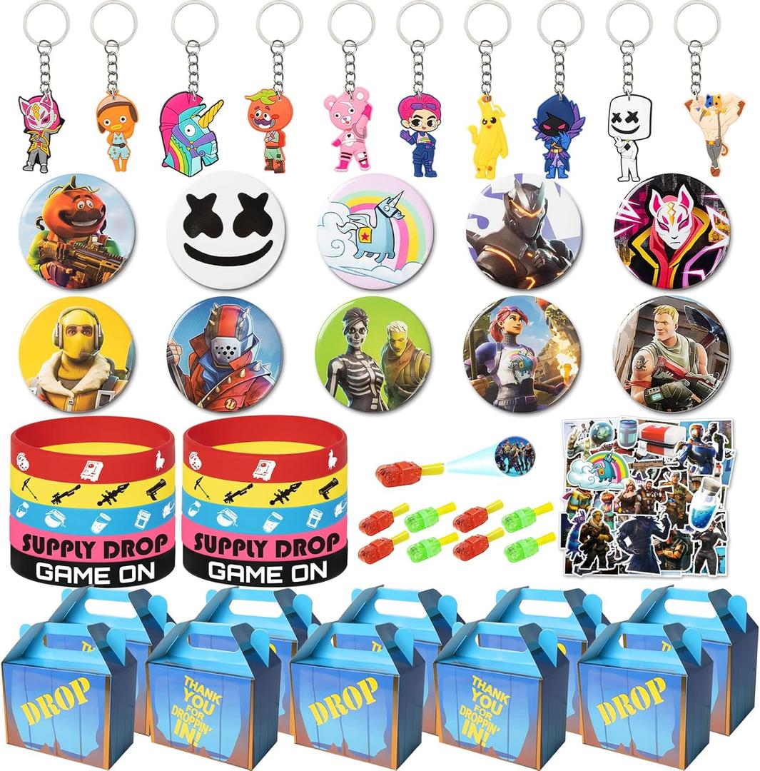 Video Game Birthday Decorations,100Pcs Party Favors,Include 10 Wrists,10 Button Pins,10 Key Chains,10 Gift Bags and 50 Stickers