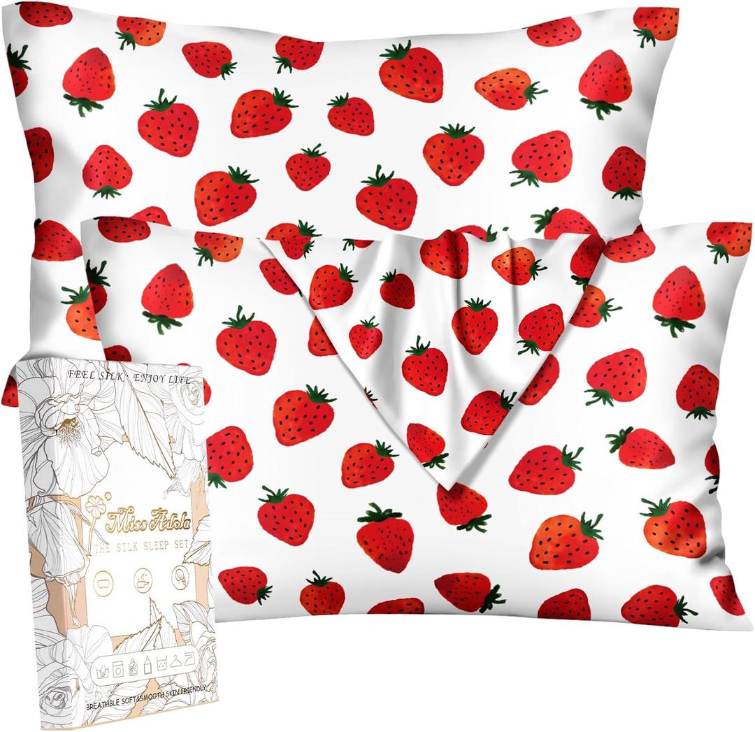 2 Pack Mulberry Silk Pillowcase for Hair and Skin - Standard Size 20 x 26 Inches with Hidden Zipper Watercolor Strawberry 19 Momme Soft Sleeping Silk Pillow Case for Women, Moms