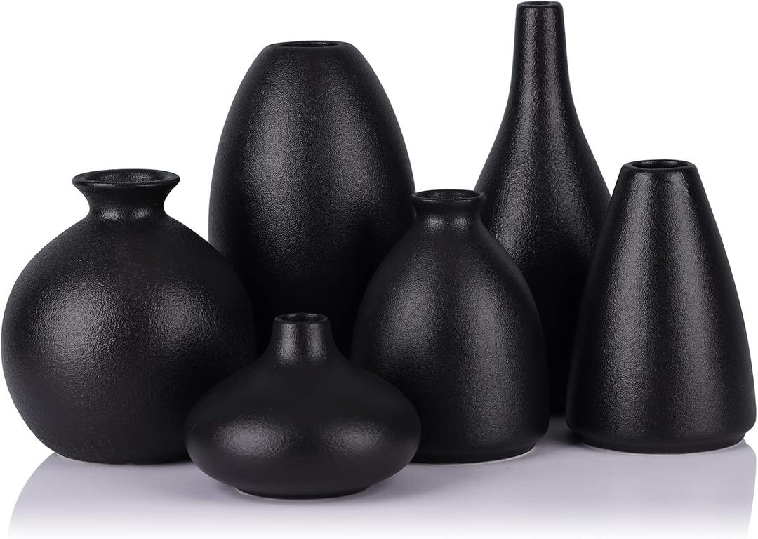 Set of 6 Matte Black Small Vases for Flowers, Ceramic Bud Vase Bulk Boho Centerpieces for Tables, Mini Short Vase Modern Bulk Wedding Centerpieces Ikebana Vases for Bridal Shower/House Warming Gift