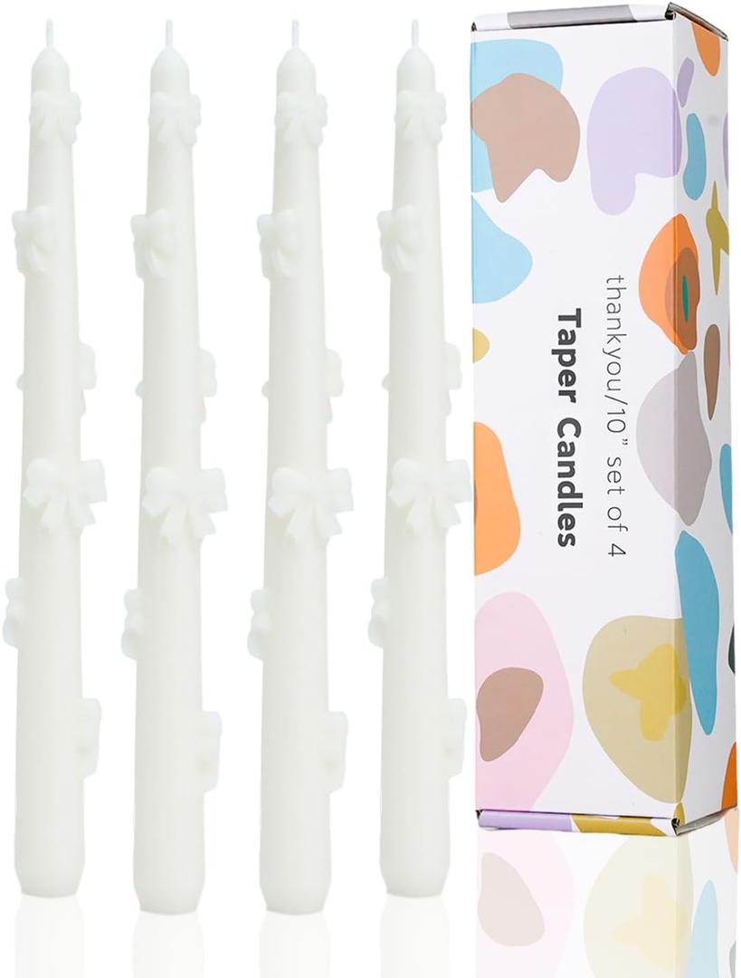 White Taper Candle Candlestick Bow Soy Candles Unscented Wedding Party Wax Unscented Dinner Candle Dripless,10 inch,Set of 4,J1