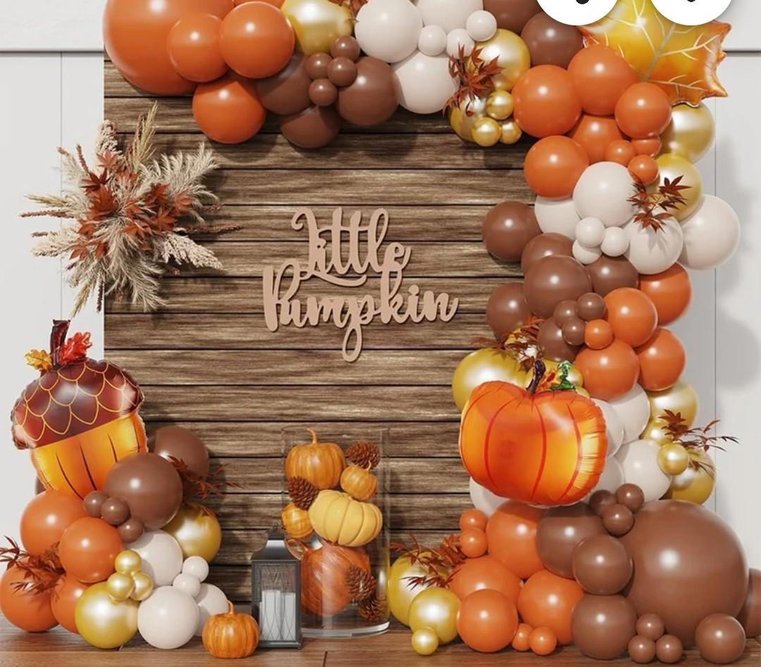 154pcs Fall Thanksgiving Balloon Arch Kit, Burnt Orange Brown Sand White Metallic Gold Pumpkin Foil Balloons for Fall Thanksgiving Little Pumpkin Baby Shower Birthday Party Decorations