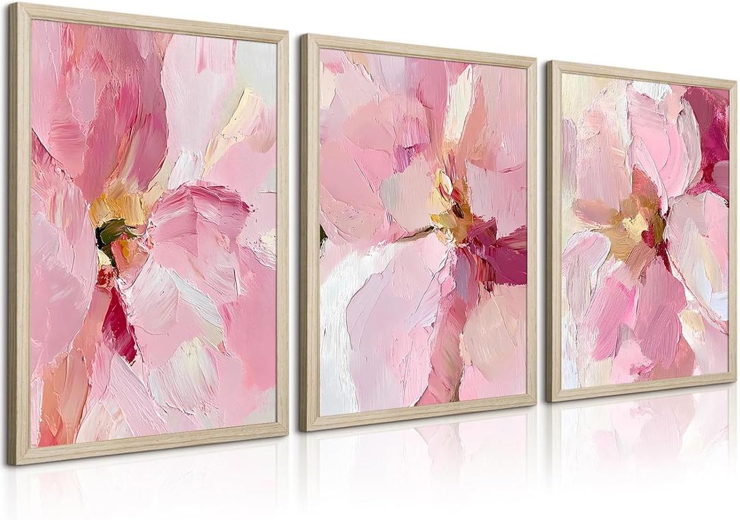 Abstract Floral Wall Art Pink Flower Canvas Pictures Modern Wall Decor Blush Pastel Pink Prints Peony Painting Minimalist Poster Botanical Artwork for Bedroom Living Room 12x16x3 Inch Wood Framed