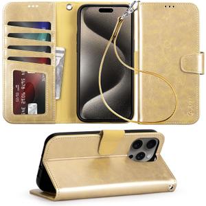 Arae Compatible with iPhone 15 Pro Max Case with Card Holder and Wrist Strap Wallet Flip Cover for iPhone 15 Pro Max 6.7 inch,Champagne Gold