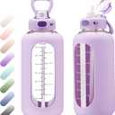 SIEROZUR 64 oz Glass Water Bottle with Straw and Handle Half Gallon Large Water Bottle with Silicone Sleeve and Time Marker Sports Water Jug Wide Mouth for Travel Gym (Purple)