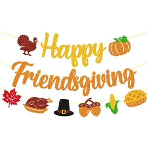 Happy Friendsgiving Banner Friends Given Garland Thanksgiving Day Party Decoration Fall Maple Leaves Turkey Pumpkin Pie Autumn Harvest Theme Party Supplies