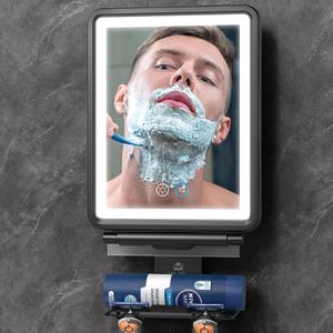 Widitn Heated Shower Mirror Fogless for Shaving, 3 Color Dimmable Lights Shower Mirror Fogless, Rechargeable Anti-Fog Shaving Mirror with Razor Holder, Storage Tray, Squeegee (Black)
