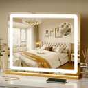 ROLOVE 23"x18" Gold Vanity Mirror with Lights, Large Lighted Makeup Mirror with 10X Magnifier, 3 Color Lighting & Stepless Dimming, Wall Mounted or Tabletop Desk Mirror for Bedroom