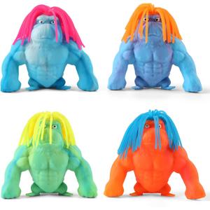 Weird Hair Gorilla Stretchy Toys  4PCS Funny Squishy Gorilla Set for Kids & Adults, Stress Relief Stretchy with Silky Hair, Bright Colors & Soft Quartz Sand, Fidget Monkey Toy Gift for Boys Girls