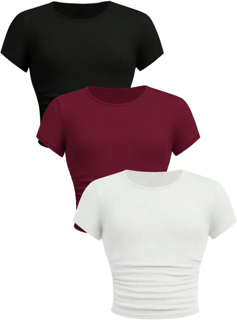 SOLY HUX Girl's Basic Crop Top Set Crew Neck Short Sleeve T-Shirts 3 Packs Casual Summer Fitted Tees 11 Years, White Black Burgundy