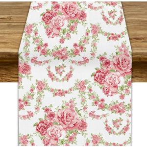 Watercolor Flowers Table Runner,Seasonal Spring Pink Flowers Table Runners Dresser Scarves Table Setting Decor for Garden Wedding Holiday Dinner Home 13x90in