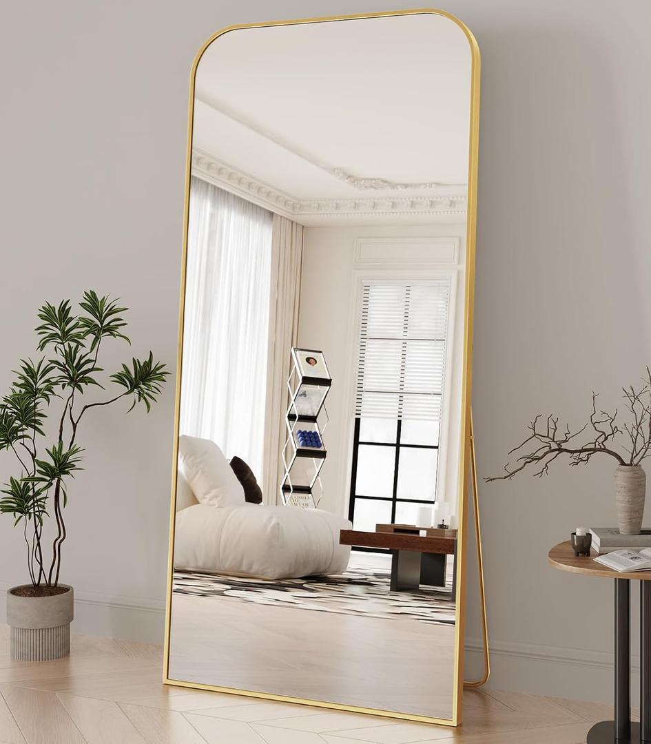 Koonmi Full Length Mirror, 71"x30" Mirror Full Length with Stand, Gold Domed Top Square-Edged Floor Mirror with Aluminum Alloy Frame for Bedroom Living Room