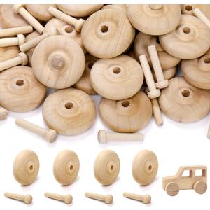 SOUJOY 72 Pack Wooden Toys Car Wheels and Sticks for Craft, 1.5'' x 1/2'' Toy Vehicle Wheel, Mini Axle and Wheel Set for DIY Toy Cars Models Painting Colors Wood Working Pegboards