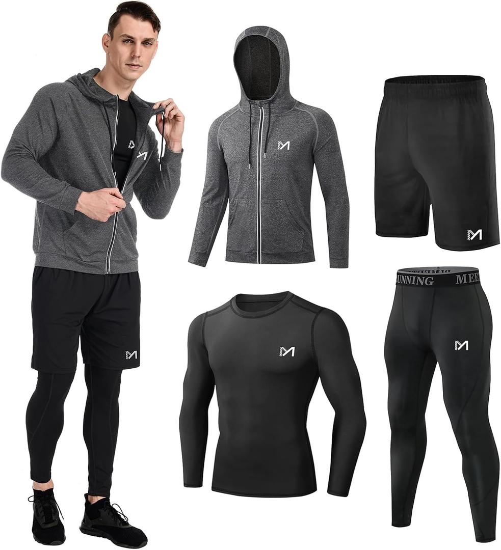 MEETYOO Mens 5pcs Men's Compression Sets Pants Long Sleeve Shirt Athletic Shorts Running Jacket (L)