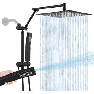 All Metal 10 Inch Rain Shower Head with Handheld Spray Combo, High Pressure Waterfall Rainfall Square Shower Heads with 16" Adjustable Extension Arm, Dual Showerhead with 3-Way Diverter, Matte Black