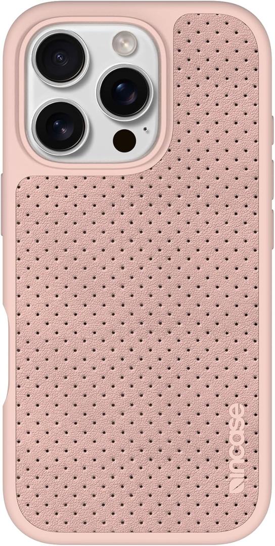 Incase City Case Slim MagSafe Compatible Apple iPhone 16, Protective Cover with 10 Ft Drop Protection Raised Edges Enhanced Screen Protection (Blush Pink Perforated Vegan Leather, iPhone 16 Pro)