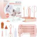 Travel Bottle Cleaner Kit, Baby Travel Essentials with Bottle Drying, Silicone Brush, Nipple Cleaner, Clip, Straw Brush, Soap Dispenser, Storage Boxack (Pink)