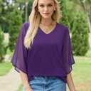 Uhiger 3/4 Length Sleeve Womens Tops V Neck Chiffon Blouse Dressy Casual Double Layered for Weekend Outings and Everyday Wear (Purple, XXL)
