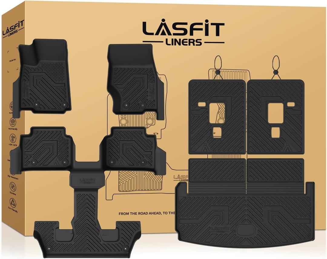 LASFIT Floor Mats for Jeep Grand Cherokee L 2021-2025 2026 (ONLY for 6 Seaters Without Center Console) All Weather Custom Fit Car Floor Liners Seatback Cargo Trunk Mat Black