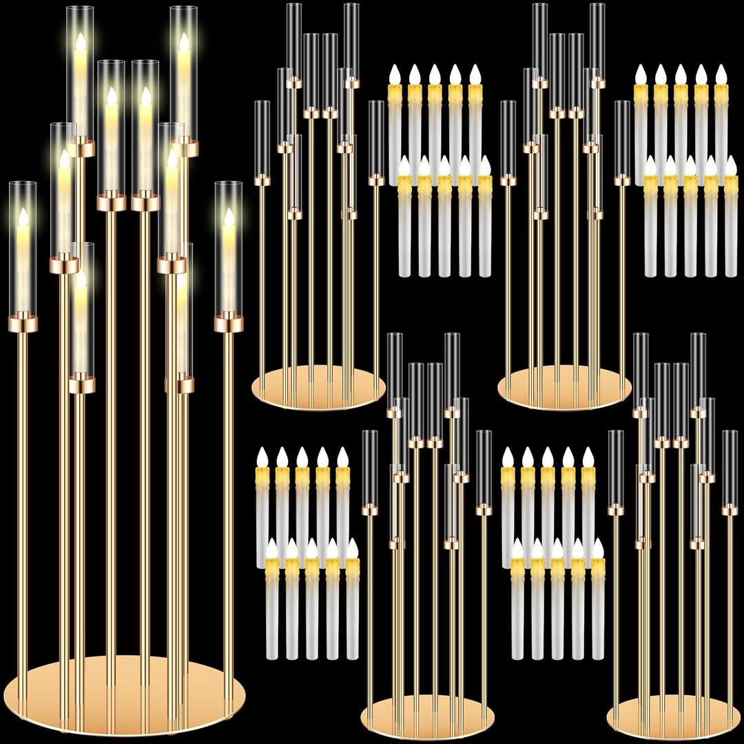 Tandefio 4 Pcs 10 Arm Wedding Gold Candelabra Floor Centerpieces with 40 LED Candle 46.5'' Tall Candlestick Metal Holder with Lampshade Fit 0.8 for Ceremony Party Dinner Table Easter Birthday Holiday