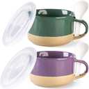 GBHOME Ceramic Soup Mugs with Handles and Lids,24 OZ Soup Cups Set of 2 with Terracotta Underside,Mug Bowls with Spoon for Soup/Cereal/Salad/Noodles/Ramen/Microware &Dishwasher Safe-Green&Purple