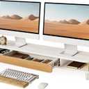 Fenge Dual Monitor Stand with Large Storage Drawer, 42.5" Desk Shelf, White