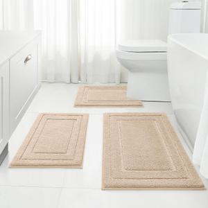 HOMEIDEAS Bathroom Rugs Sets 3 Piece, Super Soft and Absorbent Non Slip Microfiber Toilet Bath Mat with U-Shaped (Beige)