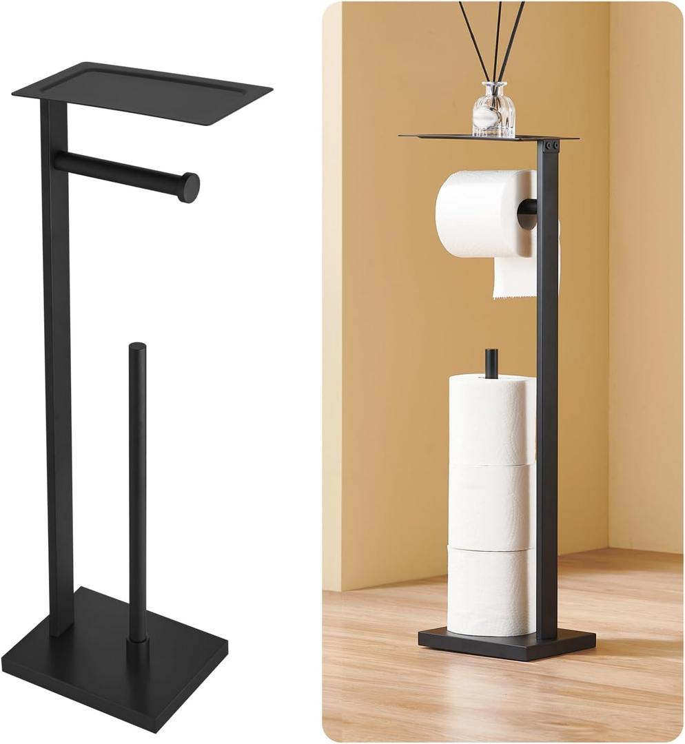 Freestanding Toilet Paper Holder Stand – Stainless Steel Bathroom Tissue Holder with Storage Tray & Roll Organizer, Square Design (Matte Black)