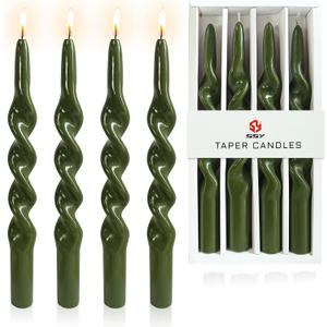 10 Inches Spiral Taper Candles Sticks Olive Green Twisted Candle Dripless Unscented Long Candles, Handmade Candlesticks for Wedding Dinner Decor, Set of 4