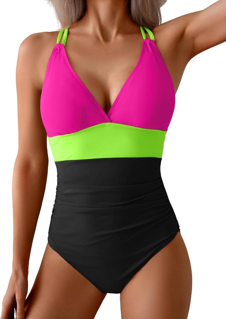 Women's One Piece Color Block Swimsuit Tummy Control Slimming Bathing Suit V Neck Cutout High Waisted Swimwear (Medium, Hot Pink and Black)