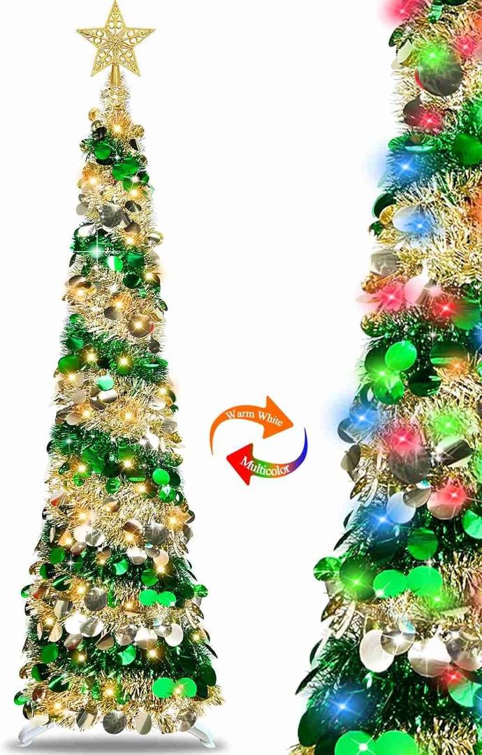 Dual Color Change & Timer - 5FT Pop Up Christmas Tree, Tinsel Christmas Tree 50 Warm White & Colored Lights 8 Mode 3D Star Sequins Collapsible Pencil Christmas Tree Indoor Home Classroom Office (Golden & Green)