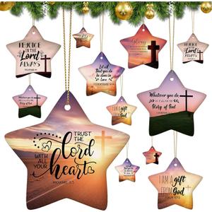 Syhood 12 Pcs Christian Christmas Ornament 12 Styles Bible Verse Christmas Ceramic Ornament Religious Ornaments Star Shaped Hanging Ornaments for Xmas Tree Church Member Gift