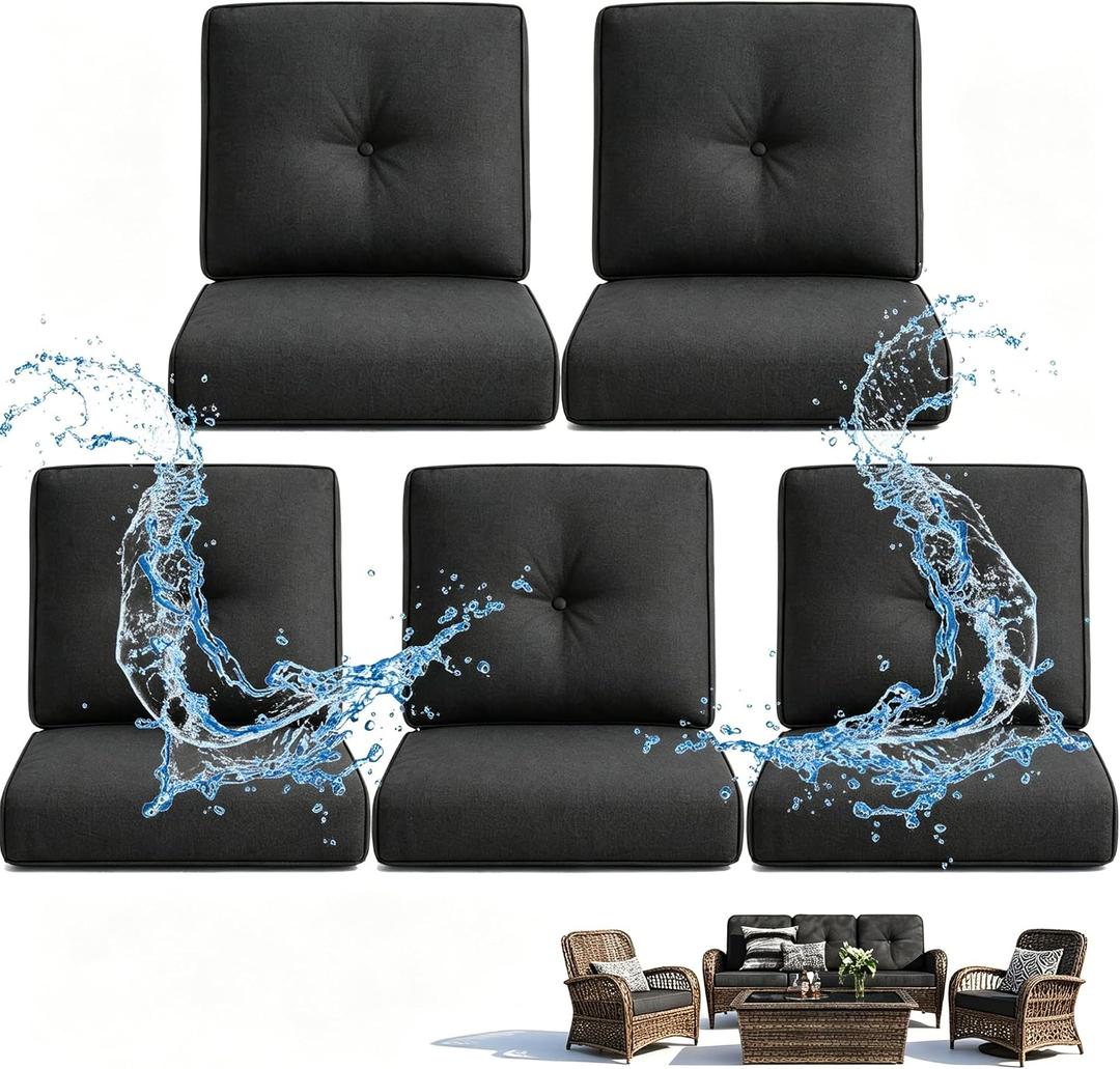 Outdoor Wicker Chair Replacement Cushions Set of 5, 4" Thick Waterproof Removable Patio Furniture Seat Cushion and High Back, 22 x25 Inch Chairs Loveseat Couch Sectional Sofa with Zipper, Black