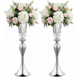Metal Wedding Flower Vases for Tables: Elegant Vases for Centerpieces, Gold Trumpet Flower Arrangement Stands for Anniversary Christmas Birthday Party Event Wedding Home Decoration (2, Silver)
