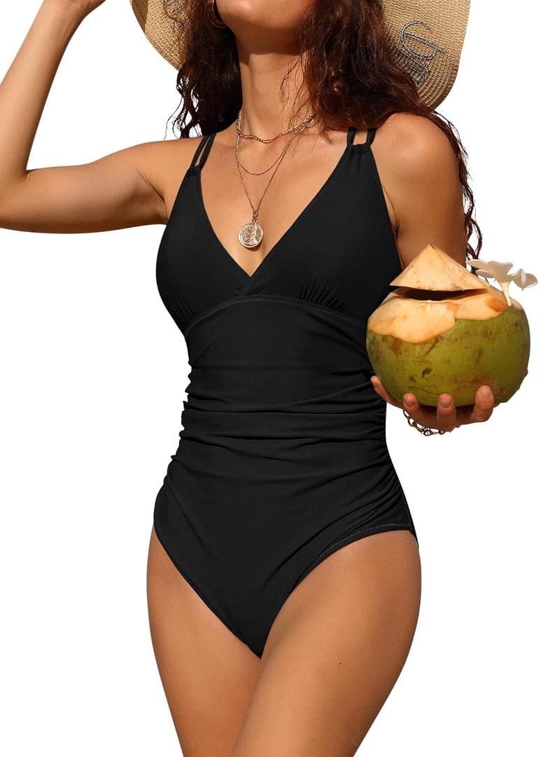 Charmo Tummy Control One Piece Swimsuits for Women Ruched Bathing Suits Strappy V Neck Monokini (Black, XS)