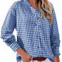 Astylish Womens Plaid Ruffle V Neck Button Down Blouse Casual Long Sleeve Gingham Trendy Tops Work Checkered Shirt (Blue), S