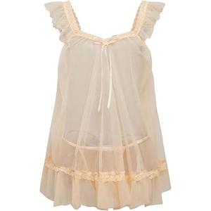 RoseSeek Women's 2 Piece Lace Mesh Babydoll Lingerie Set Sheer Chemise Nightgowns with Thongs Sleepwear, Large