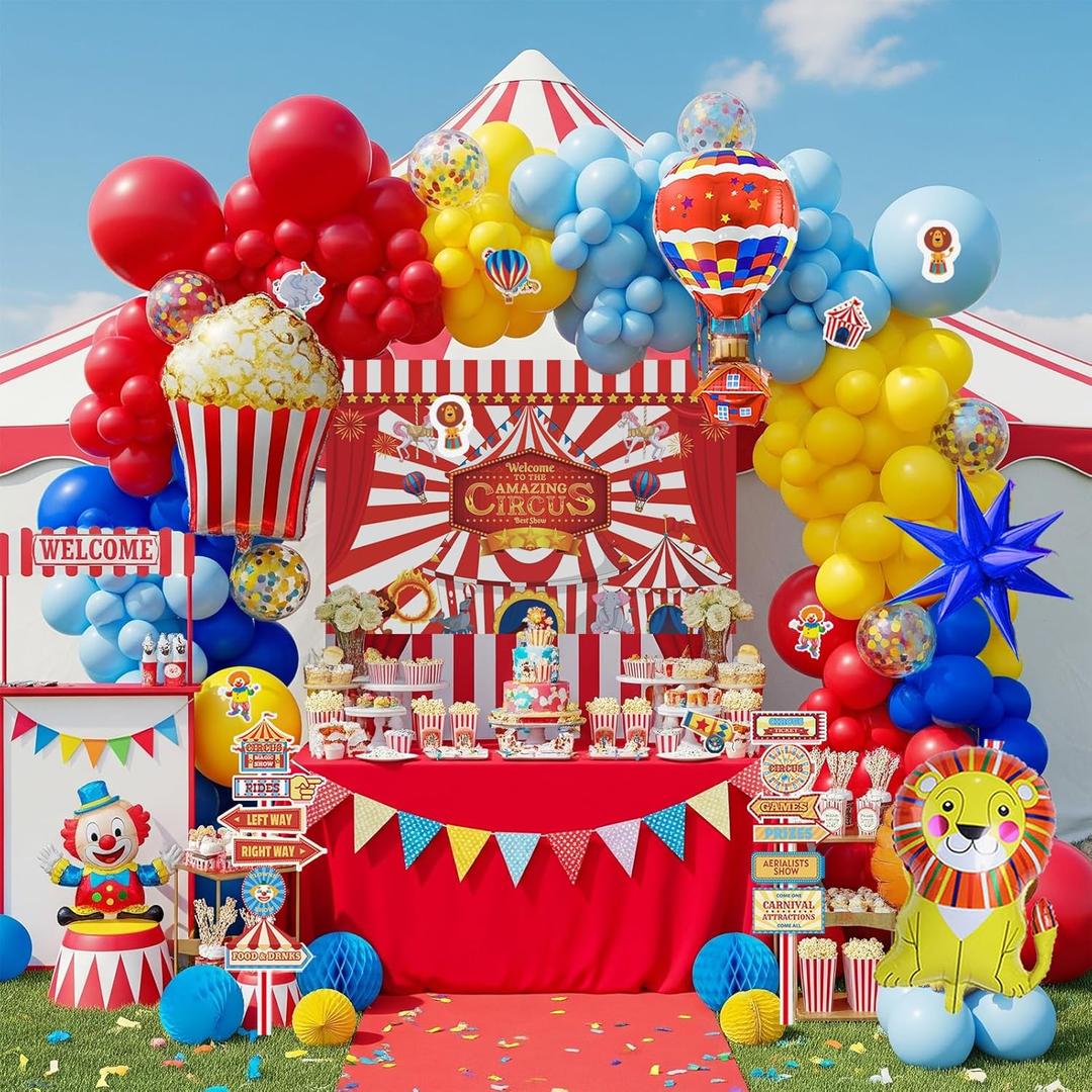 Carnival Theme birthday party decorations & include red blue yellow balloon & foil hot air popcorn balloons & striped banner tablecloth & Backdrop carnival Circus road sign paper card Signboard decor