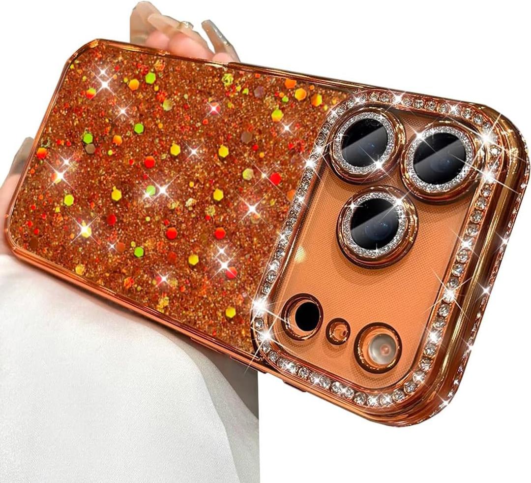 for iPhone 17 Pro Max Case, Shockproof Cute Bling Glitter Sparkle Cover Sequin Diamonds Shiny Camera Lens Protector Girls Women Soft Electroplated Case for iPhone 17 Pro Max 6.9 inch, Orange