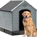 YITAHOME Plastic Dog House, Waterproof Indoor Outdoor Doghouse for Large or Small Dog, with Air Vents and Elevated Floor, Easy Assemble and Clean (Black+Gray)